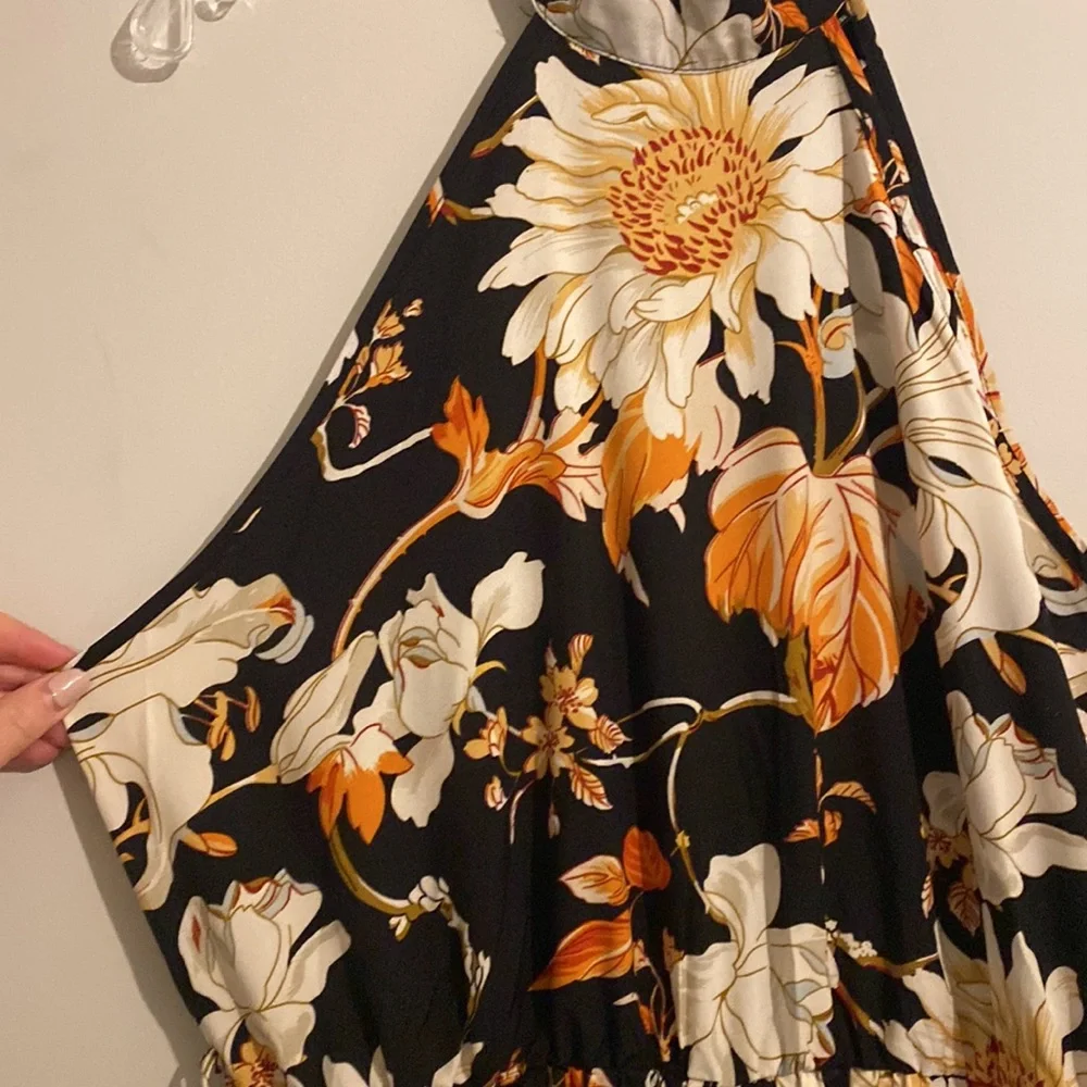Black White Orange Floral Pleated Jumpsuit - Picture 2 of 5